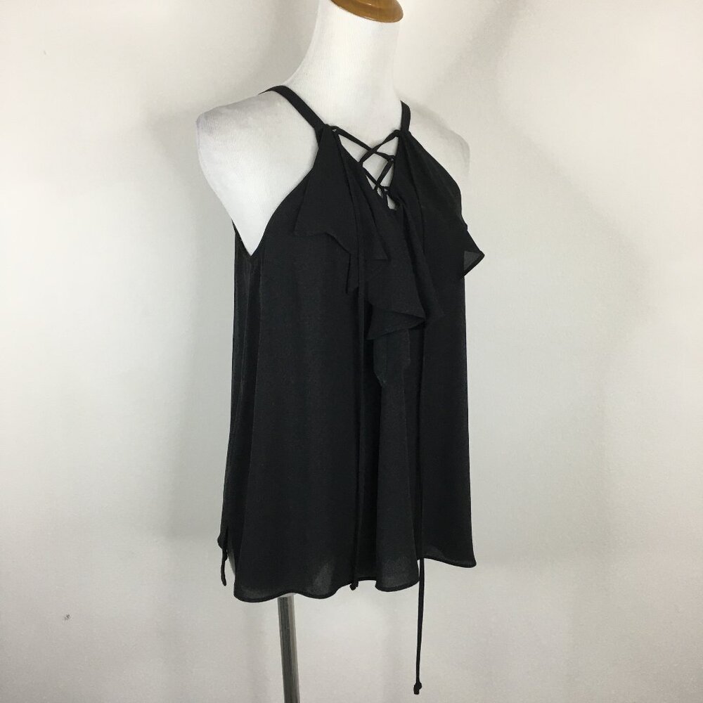 BCBGMAXAZRIA Strappy Black Ruffle Lace Up Front Slit Hem Sheer Tank Top
